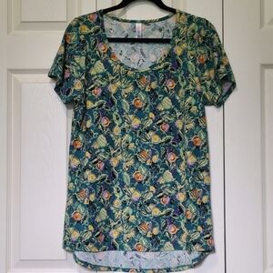 LuLaRoe Teal Green Floral Short Sleeve Classic Tee Top Size Small Legging Fabric